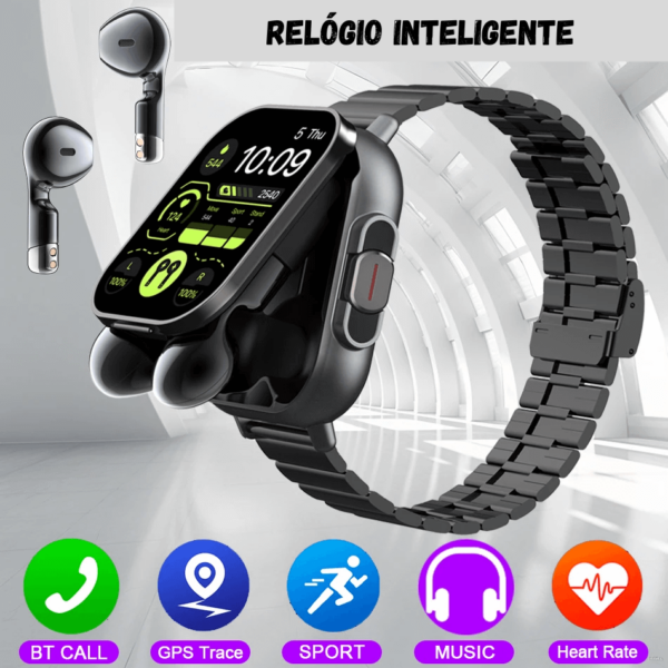 Relógio inteligente com fones imbutidos